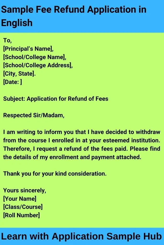 Sample Fee Refund Application in English