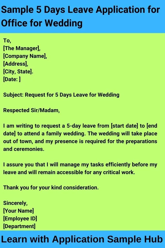 Sample 5 Days Leave Application for Office for Wedding