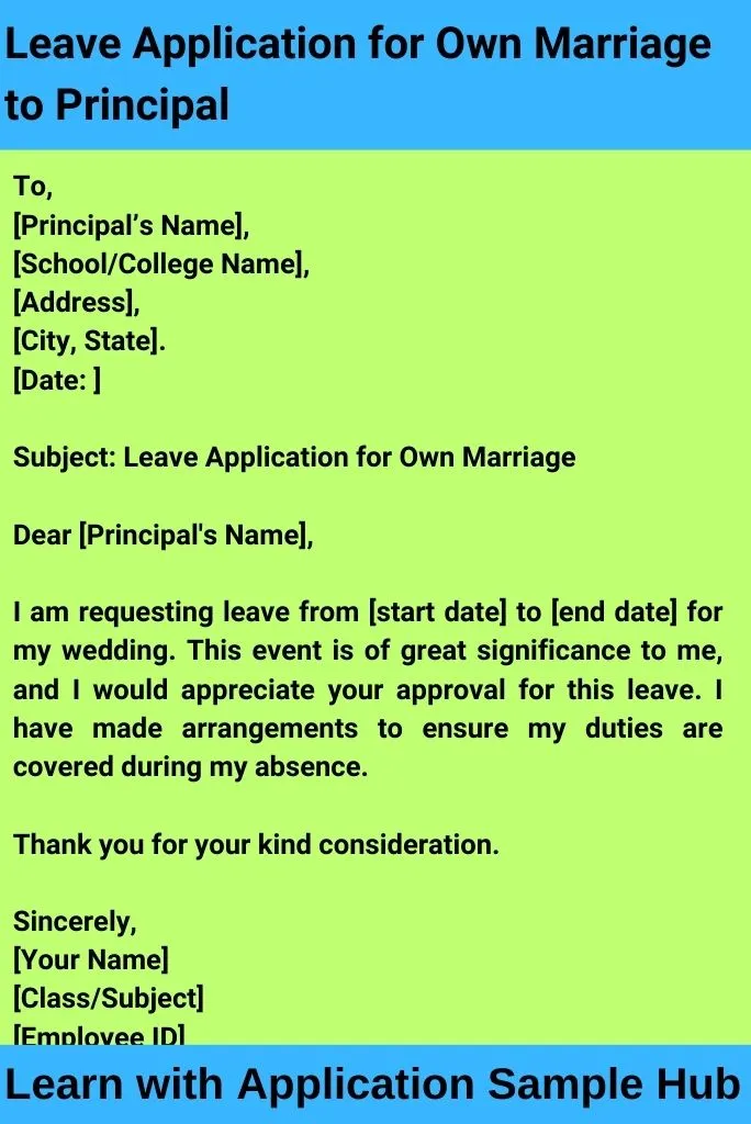 Leave Application for Own Marriage to Principal