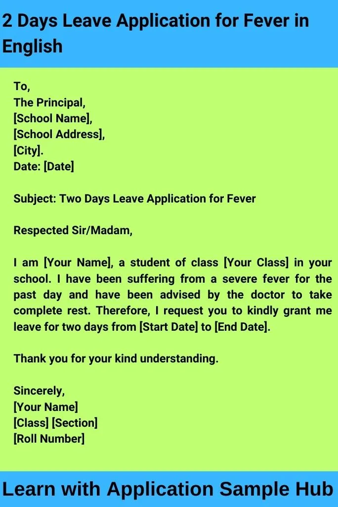 2 Days Leave Application for Fever in English