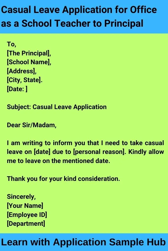 Casual Leave Application for Office as a School Teacher to Principal