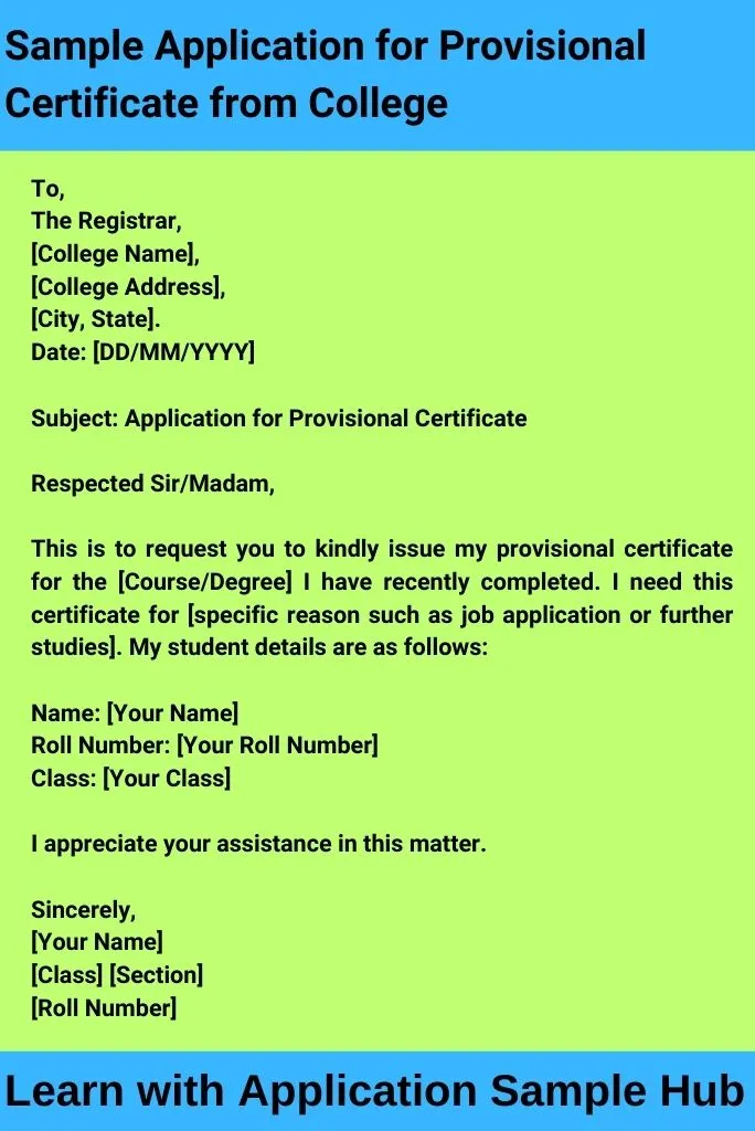 Sample Application for Provisional Certificate from College