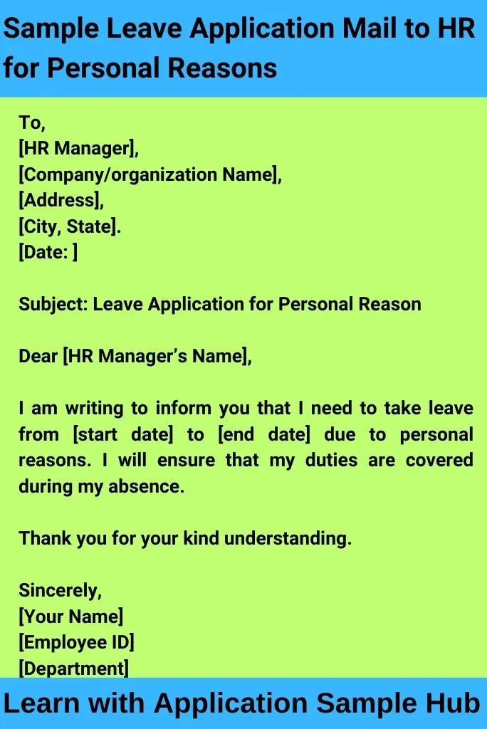 Sample Leave Application Mail to HR for Personal Reasons