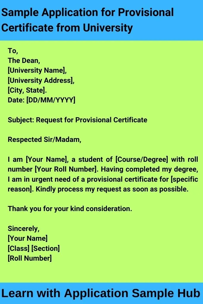 Sample Application for Provisional Certificate from University