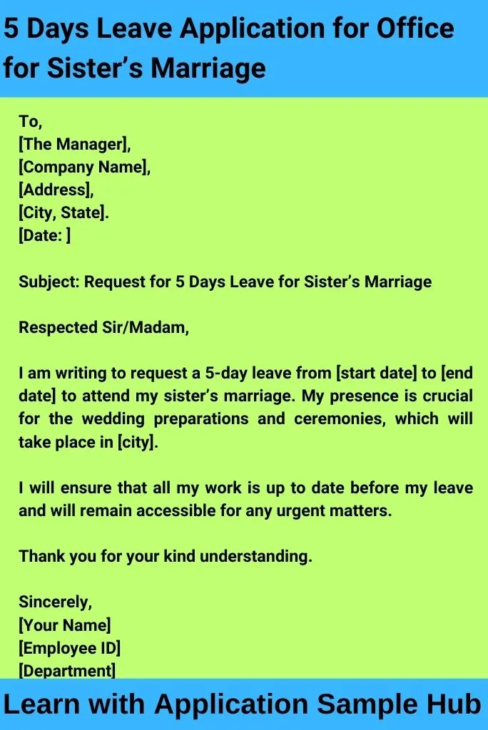 5 Days Leave Application for Office for Sister’s Marriage