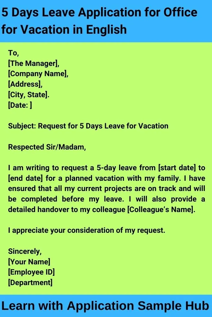 5 Days Leave Application for Office for Vacation in English