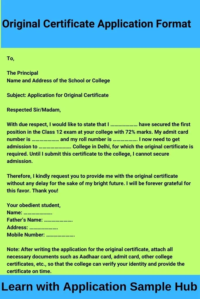 Original Certificate Application Format