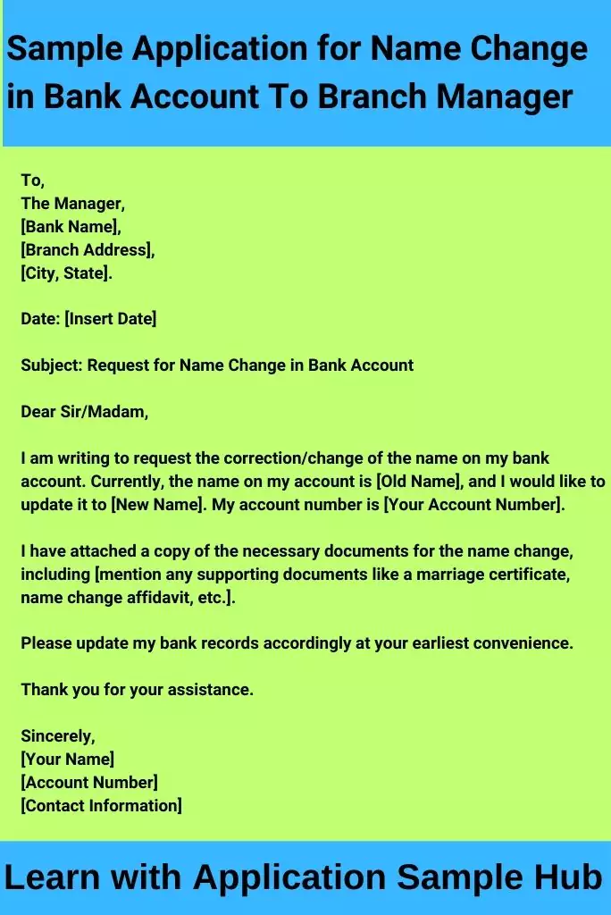 Sample Application for Name Change in Bank Account To Branch Manager