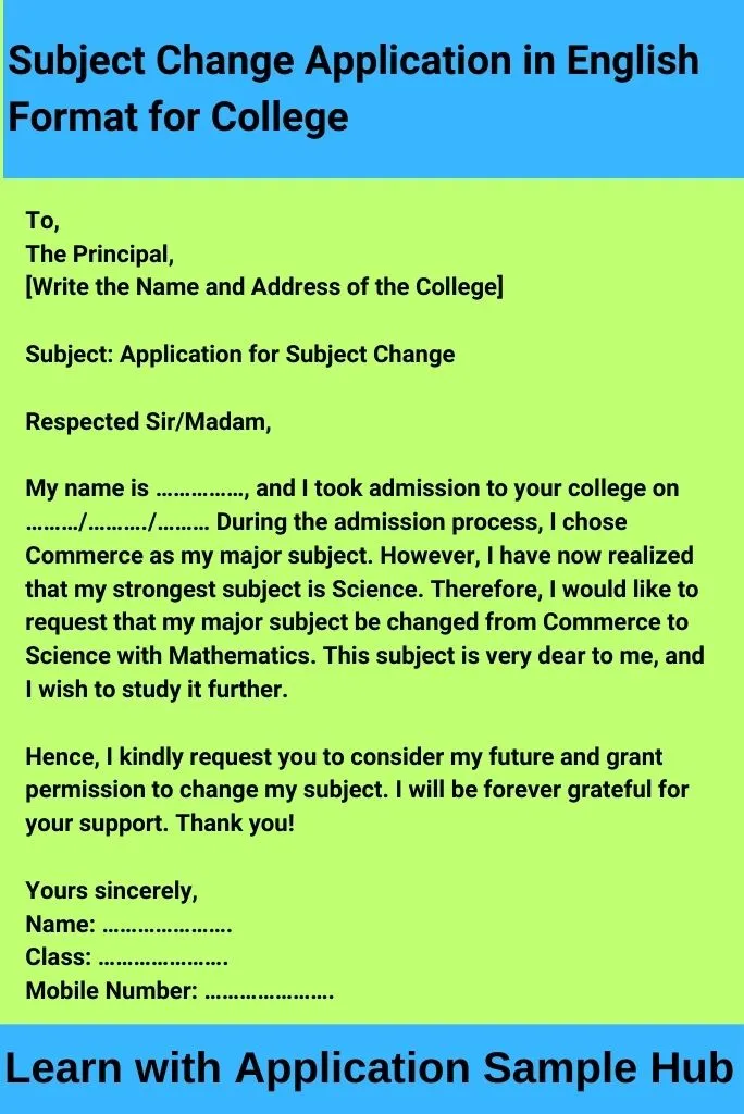 Subject Change Application in English Format for College