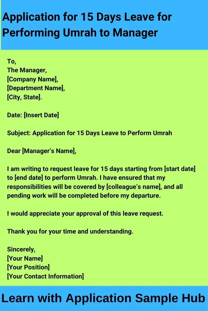 Application for 15 Days Leave for Performing Umrah to Manager