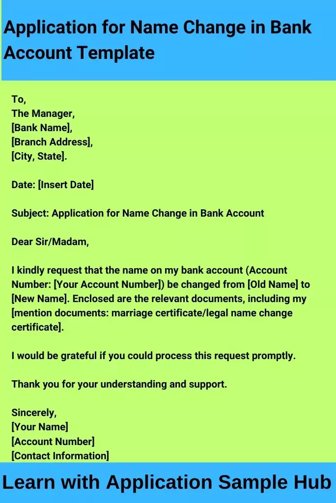 Application for Name Change in Bank Account Template