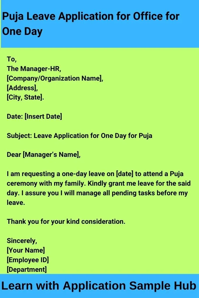 Puja Leave Application for Office for One Day