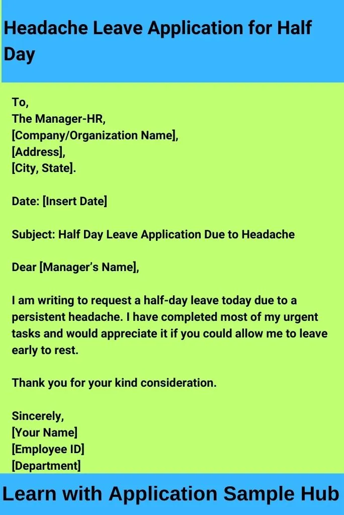 Headache Leave Application for Half Day