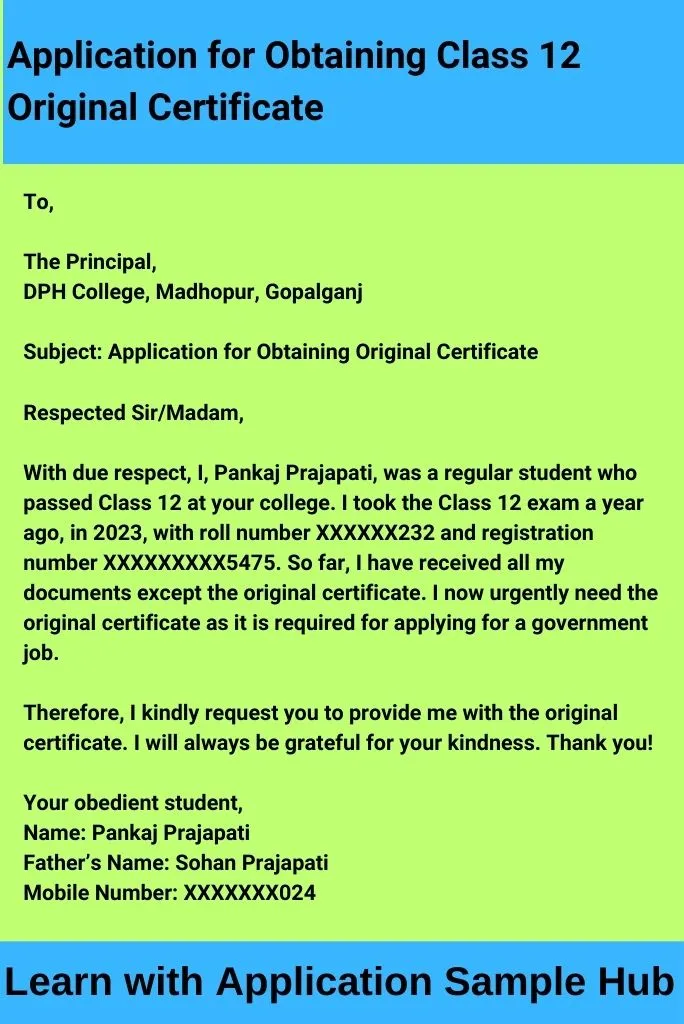 Application for Obtaining Class 12 Original Certificate