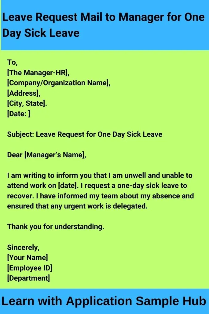 Leave Request Mail to Manager for One Day Sick Leave