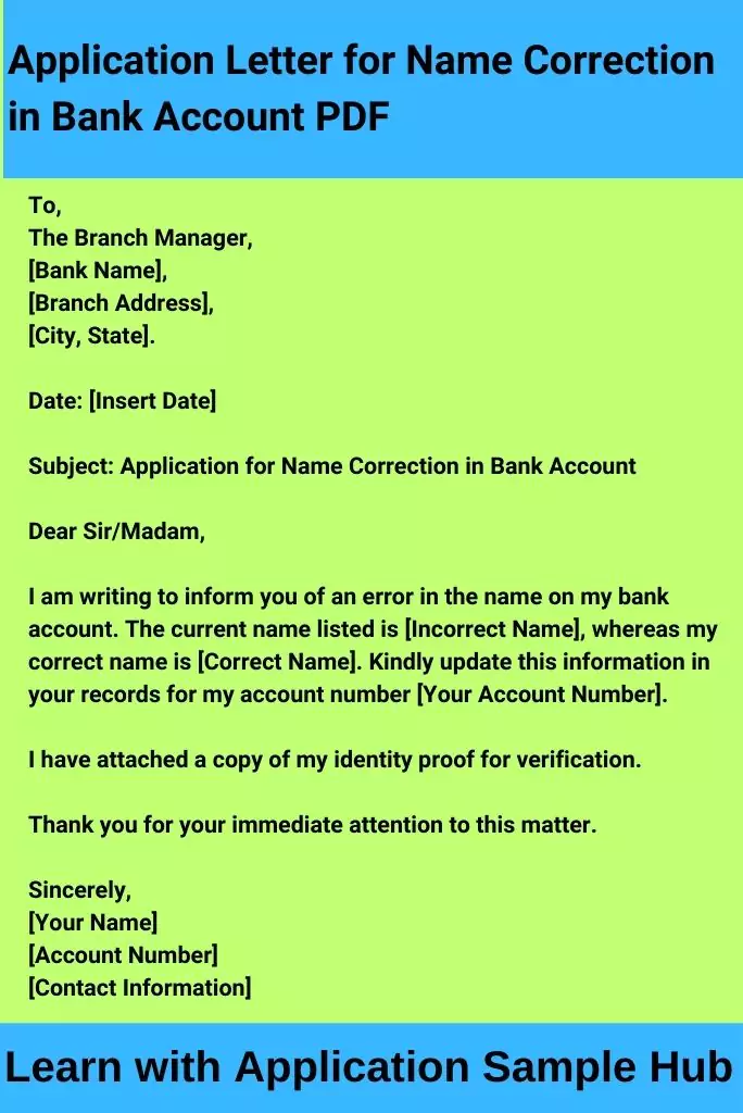 Application Letter for Name Correction in Bank Account PDF