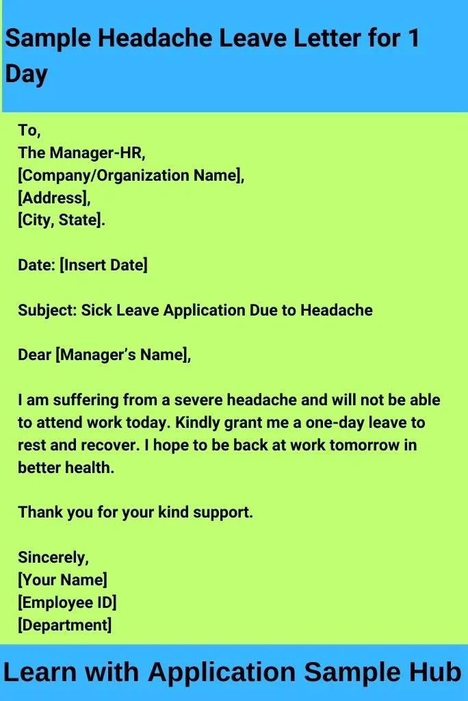 Sample Headache Leave Letter for 1 Day