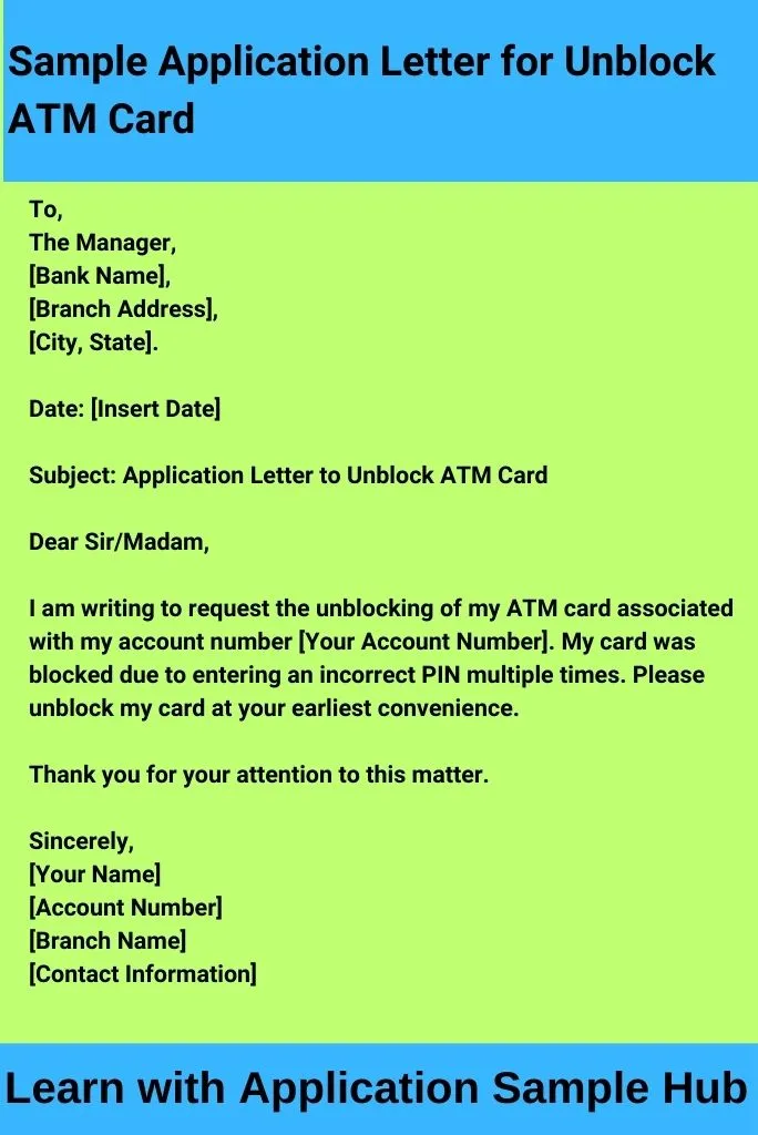 Sample Application Letter for Unblock ATM Card