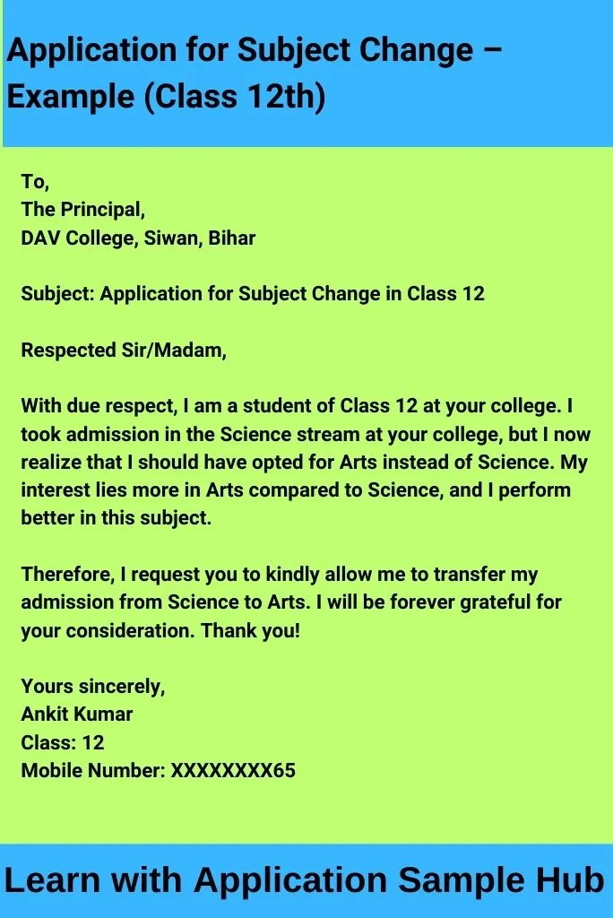 Application for Subject Change - Example (Class 12th)