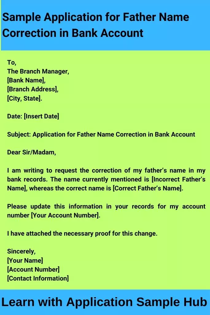 Sample Application for Father Name Correction in Bank Account