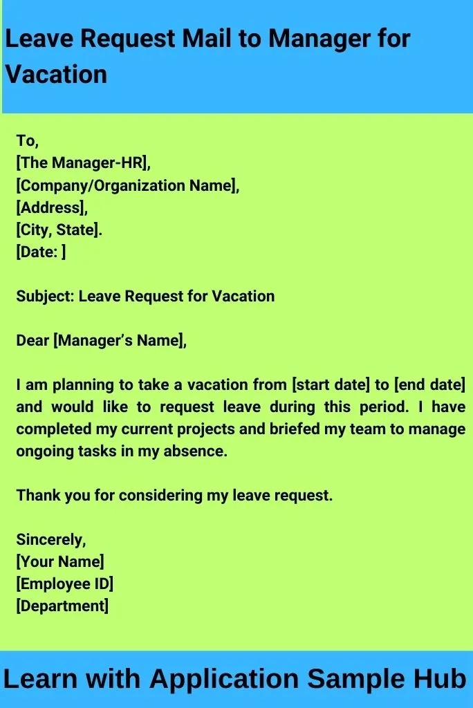 Leave Request Mail to Manager for Vacation