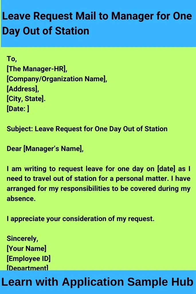 Leave Request Mail to Manager for One Day Out of Station