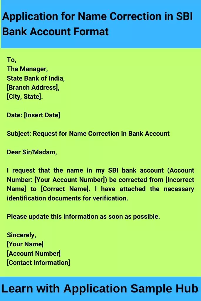 Application for Name Correction in SBI Bank Account Format