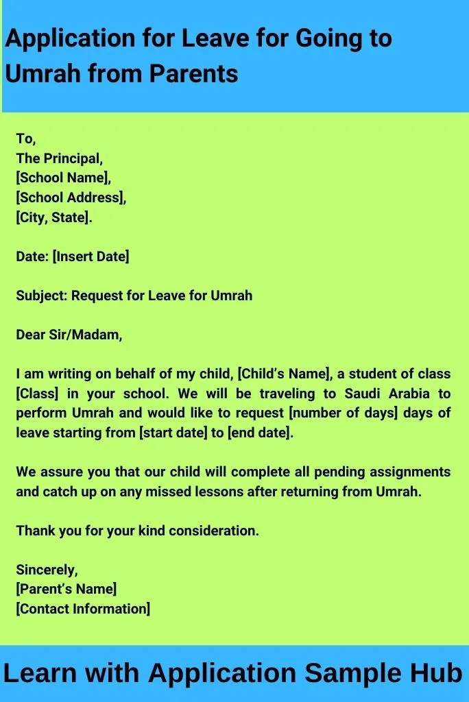 Application for Leave for Going to Umrah from Parents