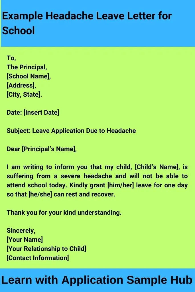 Example Headache Leave Letter for School