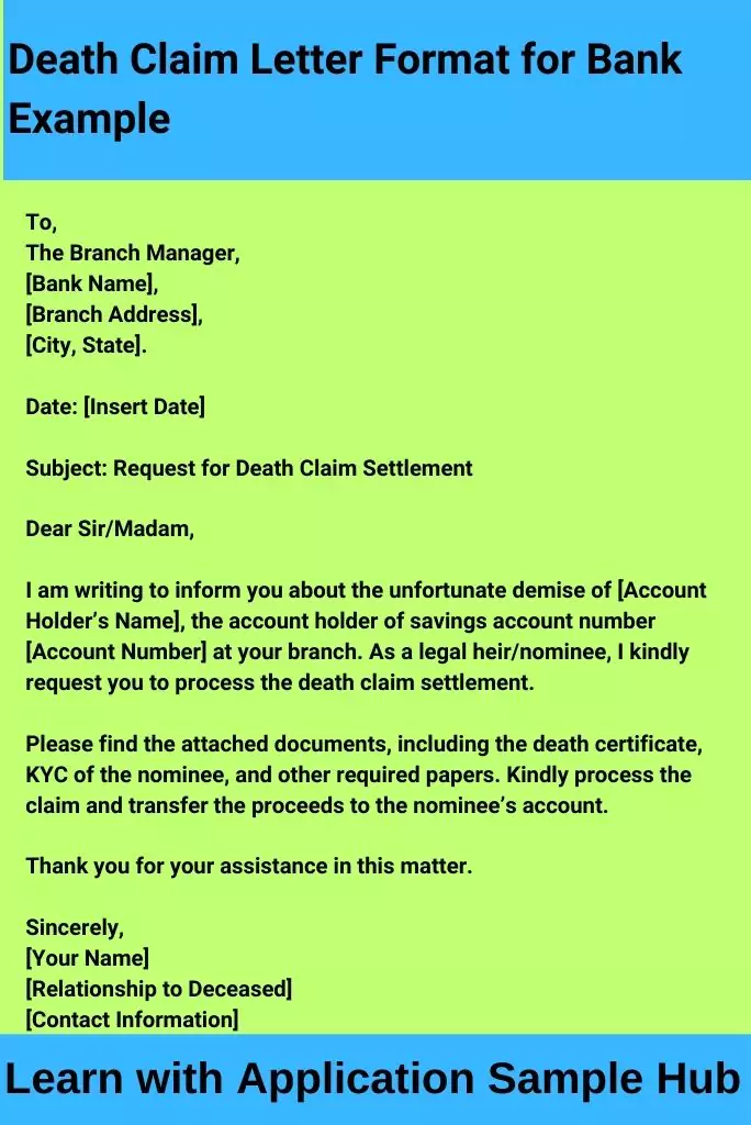 Death Claim Letter Format for Bank Example