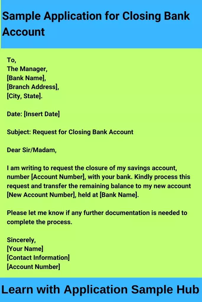 Sample Application for Closing Bank Account