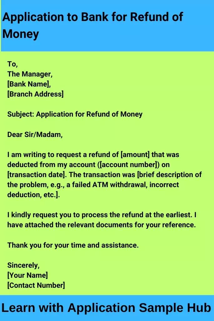 Application to Bank for Refund of Money