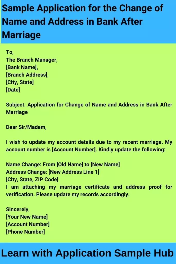 Sample Application for the Change of Name and Address in Bank After Marriage