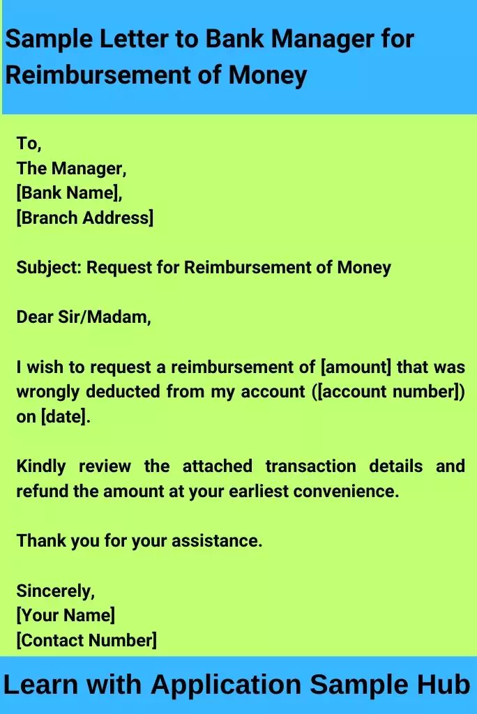 Sample Letter to Bank Manager for Reimbursement of Money