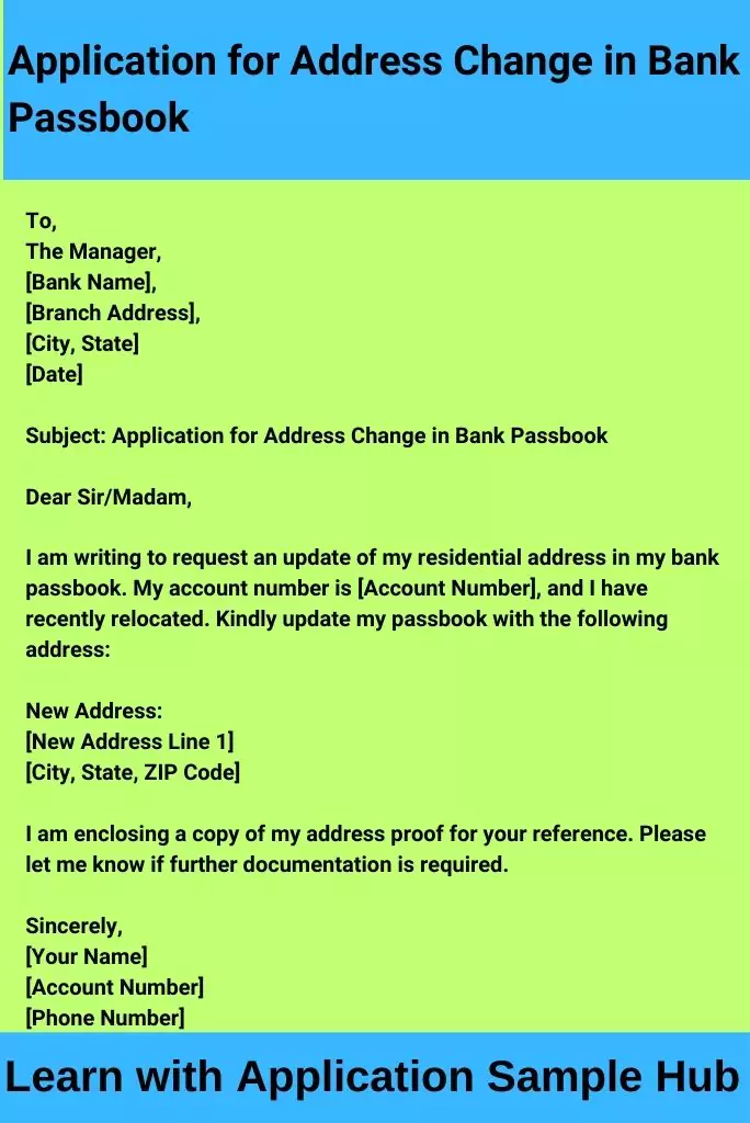 Application for Address Change in Bank Passbook