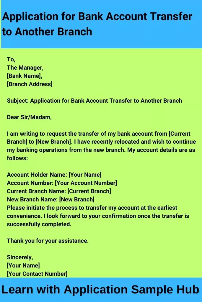 Application for Bank Account Transfer to Another Branch