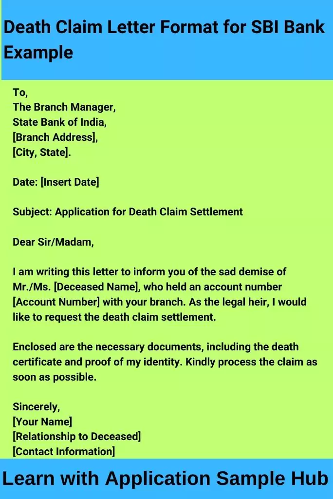 Death Claim Letter Format for SBI Bank Example