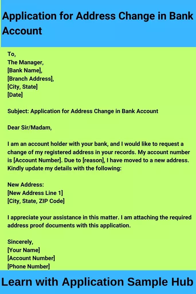 Application for Address Change in Bank Account