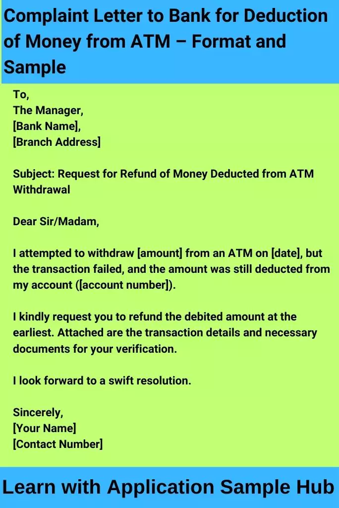 Complaint Letter to Bank for Deduction of Money from ATM – Format and Sample