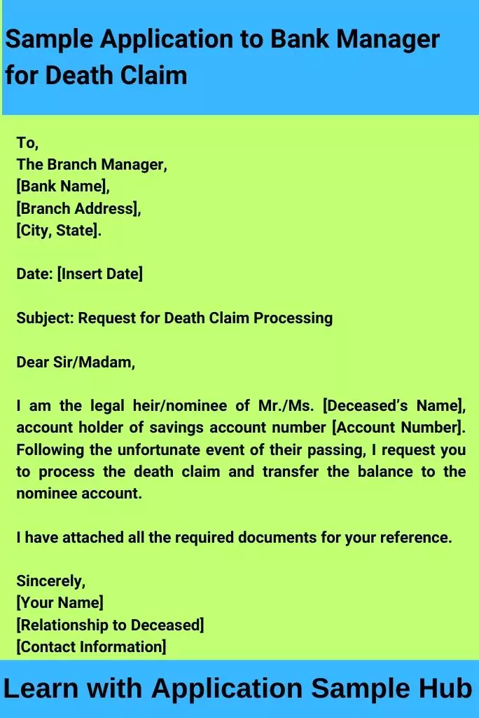 Sample Application to Bank Manager for Death Claim