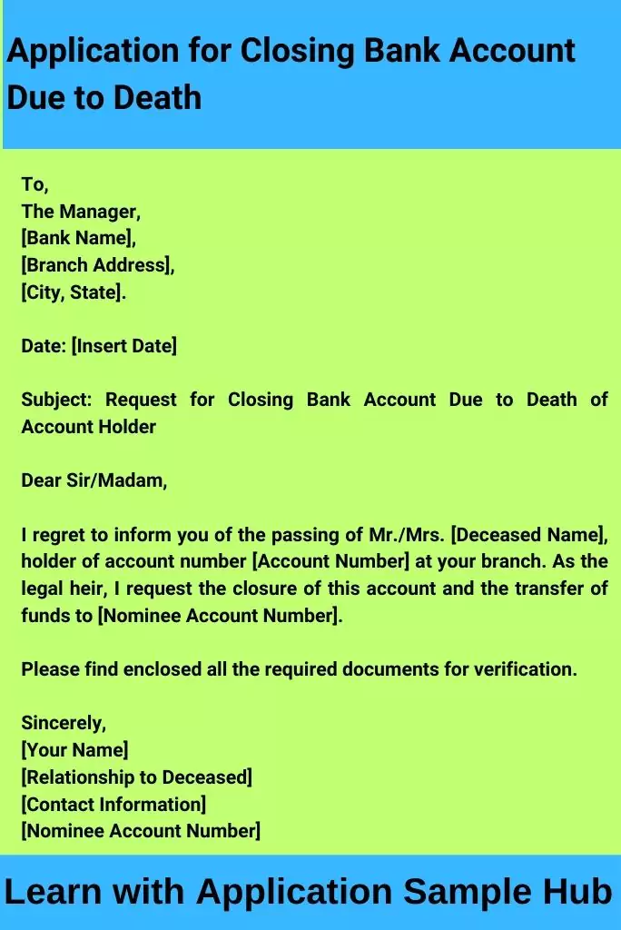 Application for Closing Bank Account Due to Death