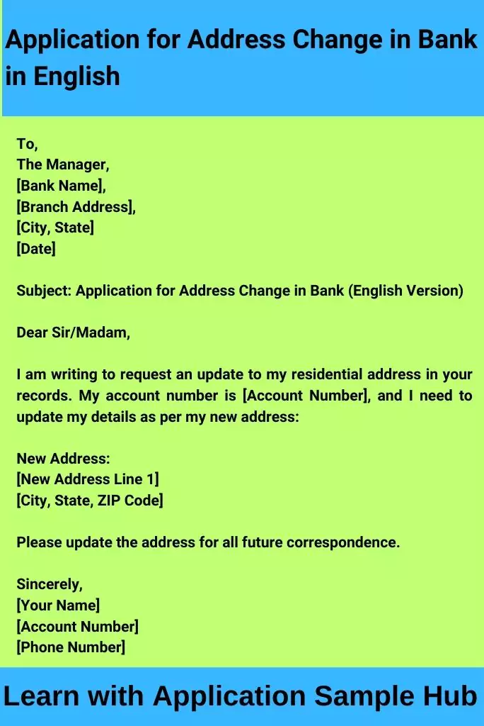 Application for Address Change in Bank in English