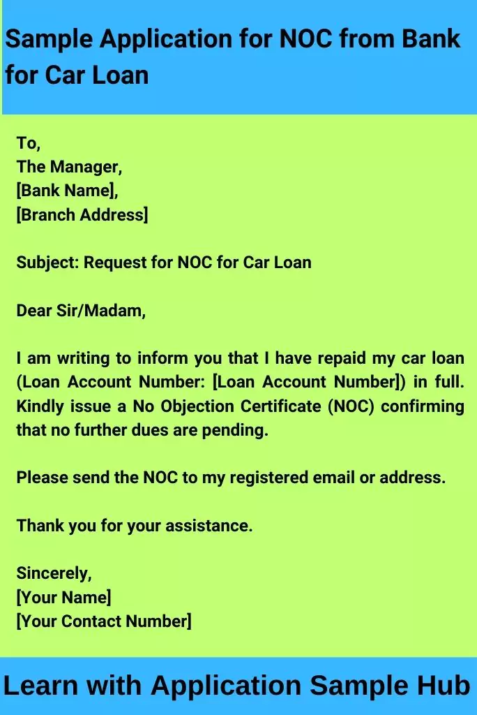 Sample Application for NOC from Bank for Car Loan