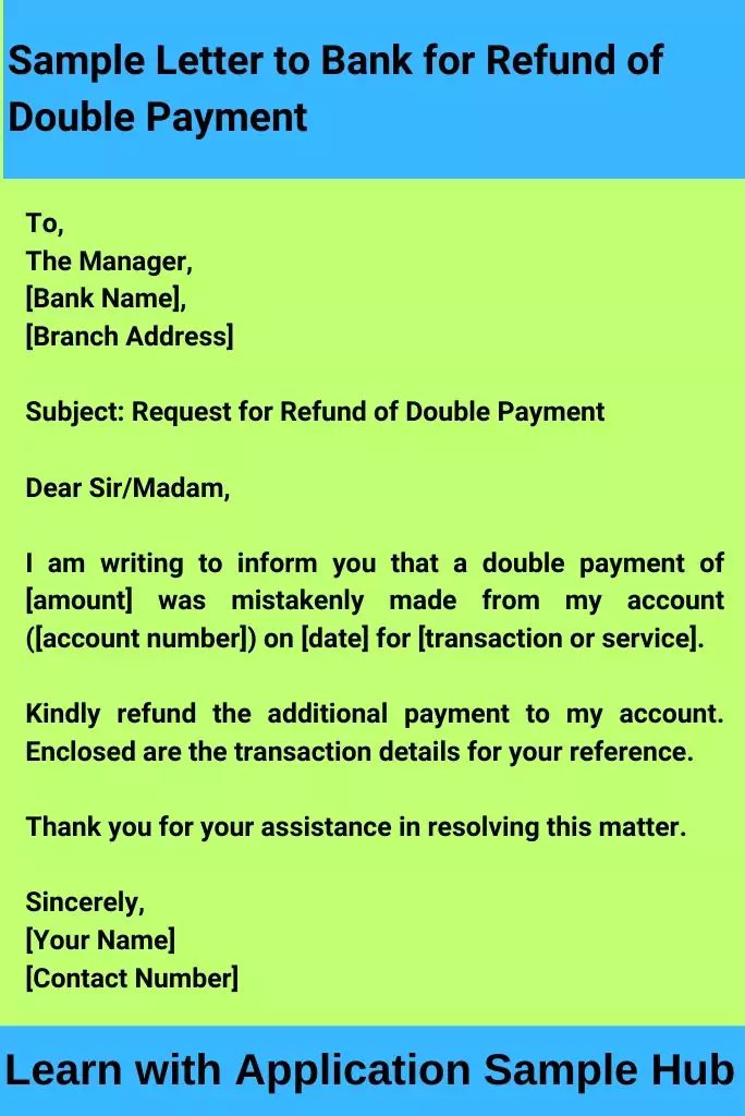 Sample Letter to Bank for Refund of Double Payment