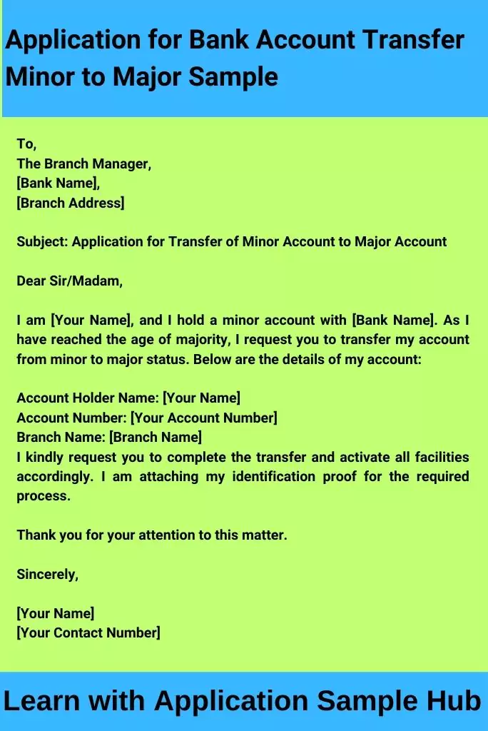 Application for Bank Account Transfer Minor to Major Sample