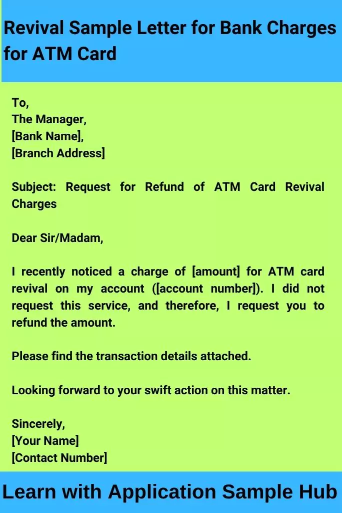 Revival Sample Letter for Bank Charges for ATM Card