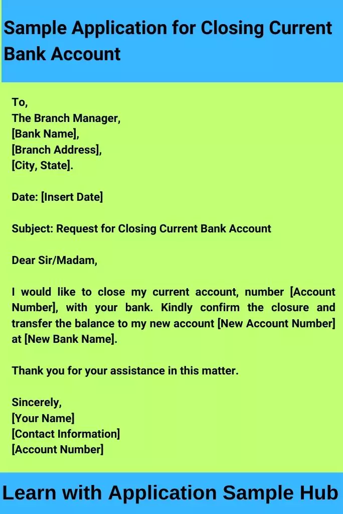 Sample Application for Closing Current Bank Account