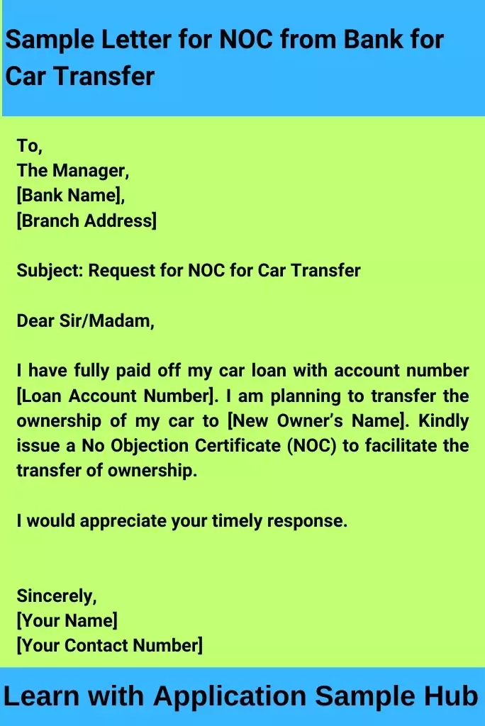 Sample Letter for NOC from Bank for Car Transfer