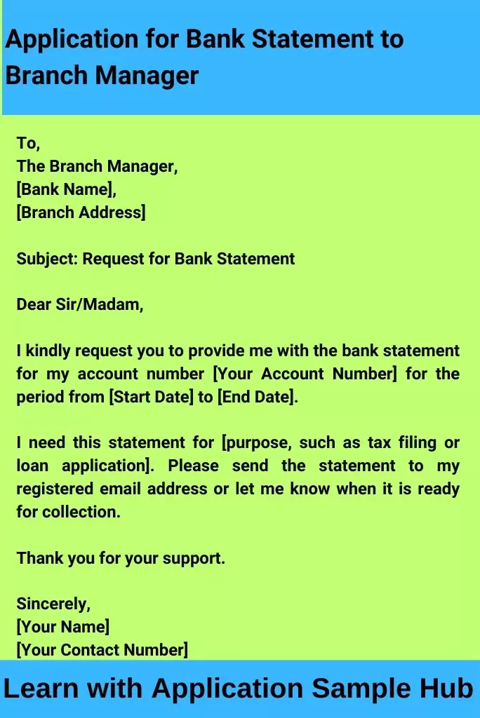 Application for Bank Statement to Branch Manager