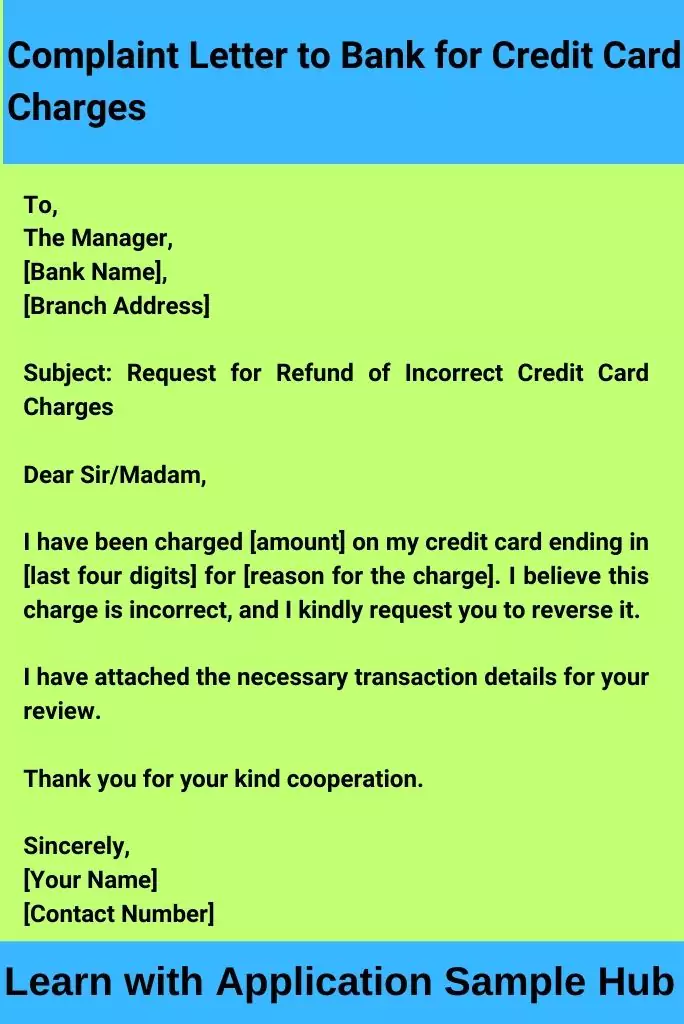 Complaint Letter to Bank for Credit Card Charges